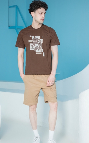 ست مردانه تیشرت قهوه ای سوخته چاپدار برجسته و شلوارک نسکافه ای